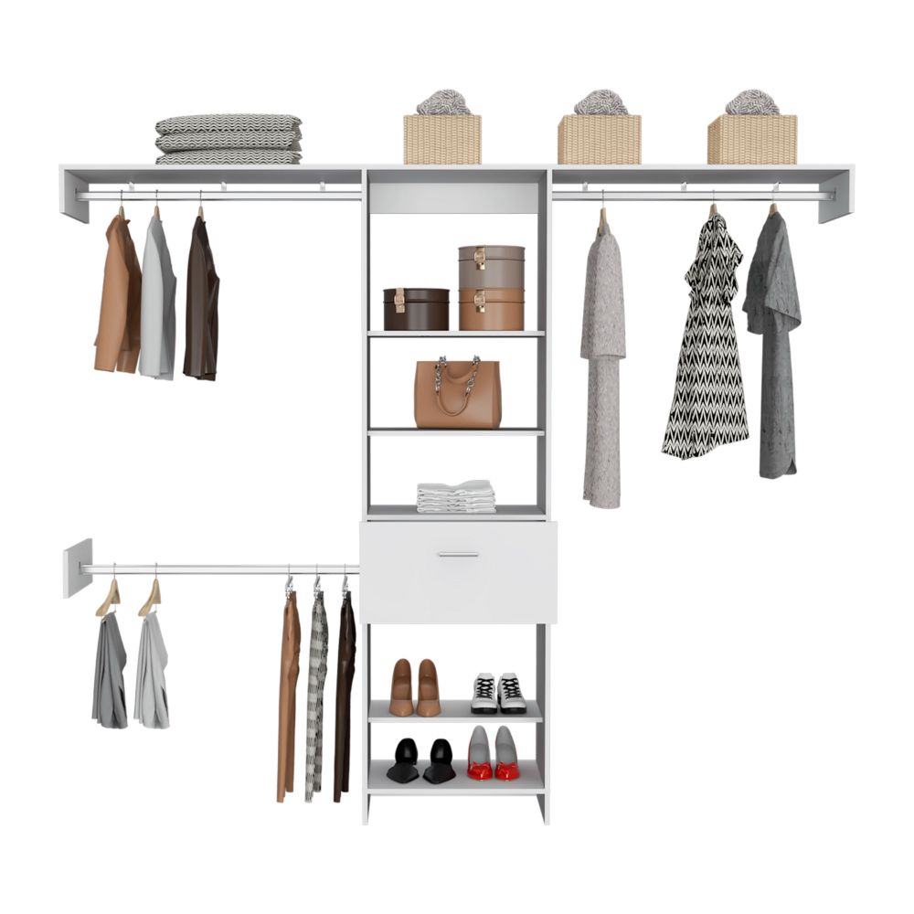 250 Closet System British, One Drawer, Three Metal Rods, White Finish