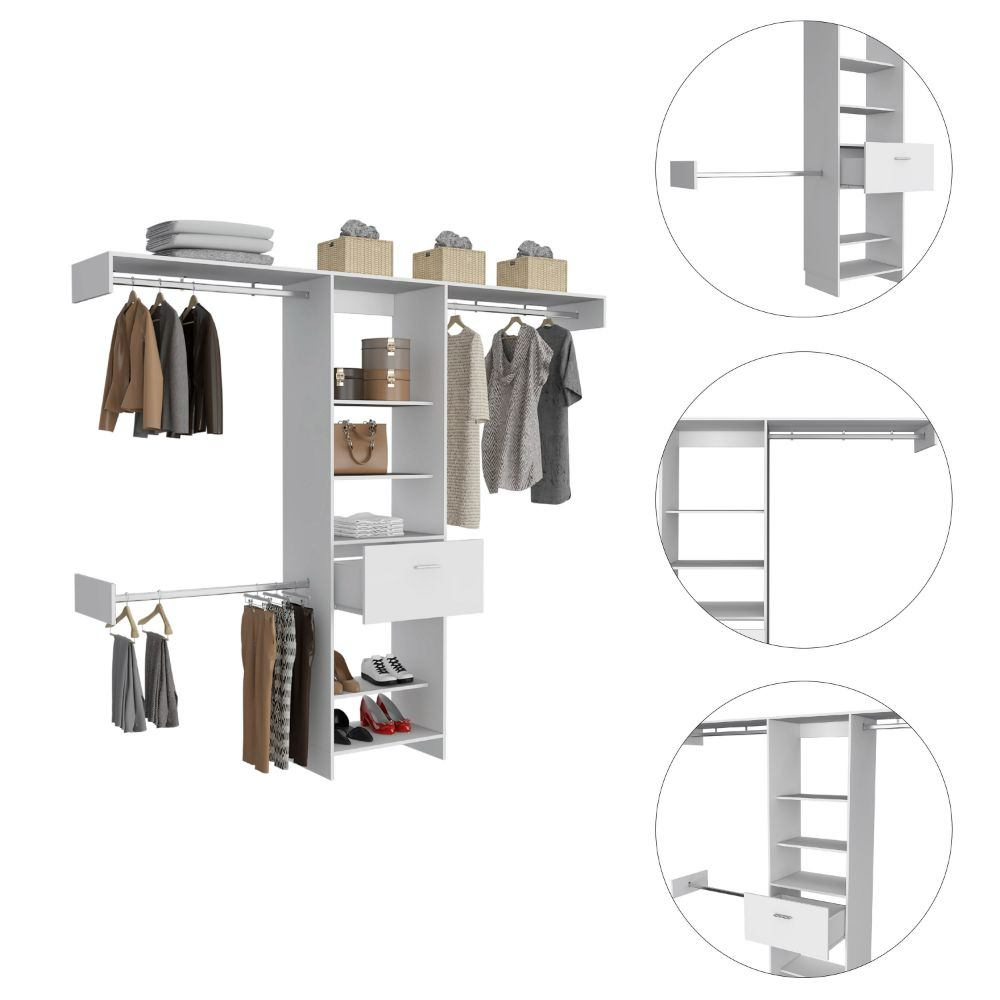 250 Closet System British, One Drawer, Three Metal Rods, White Finish