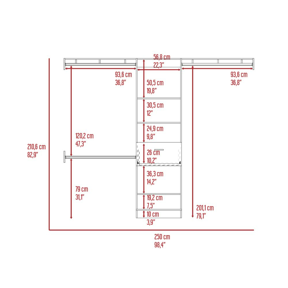 250 Closet System British, One Drawer, Three Metal Rods, White Finish