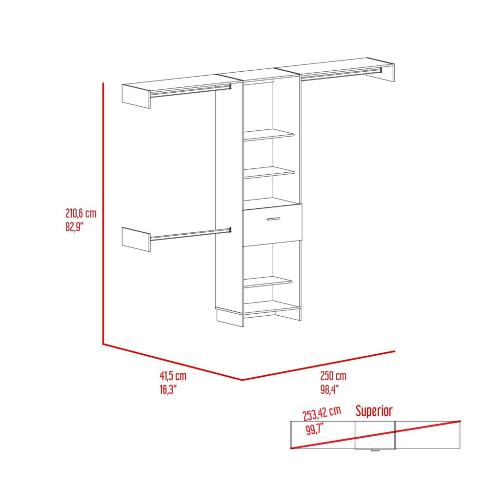 250 Closet System British, One Drawer, Three Metal Rods, White Finish