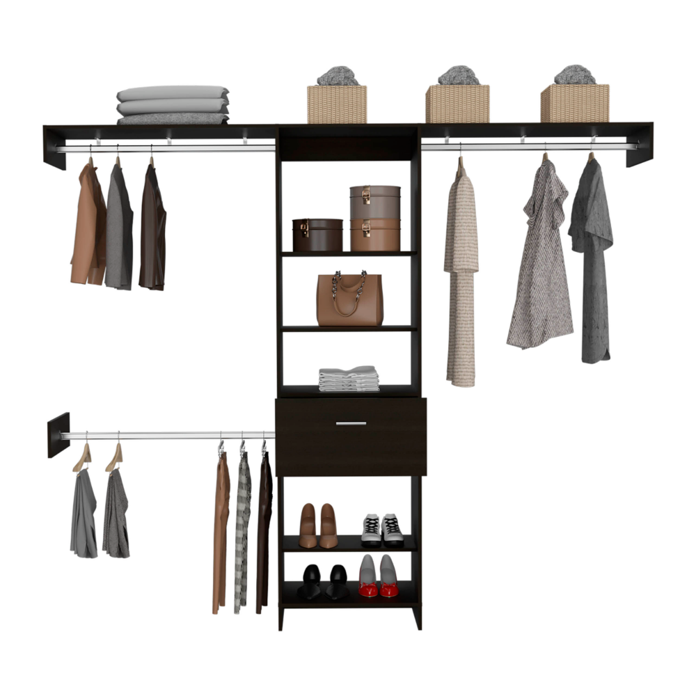 250 Closet System British, One Drawer, Three Metal Rods, Black Wengue Finish