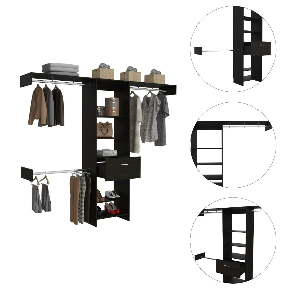 250 Closet System British, One Drawer, Three Metal Rods, Black Wengue Finish