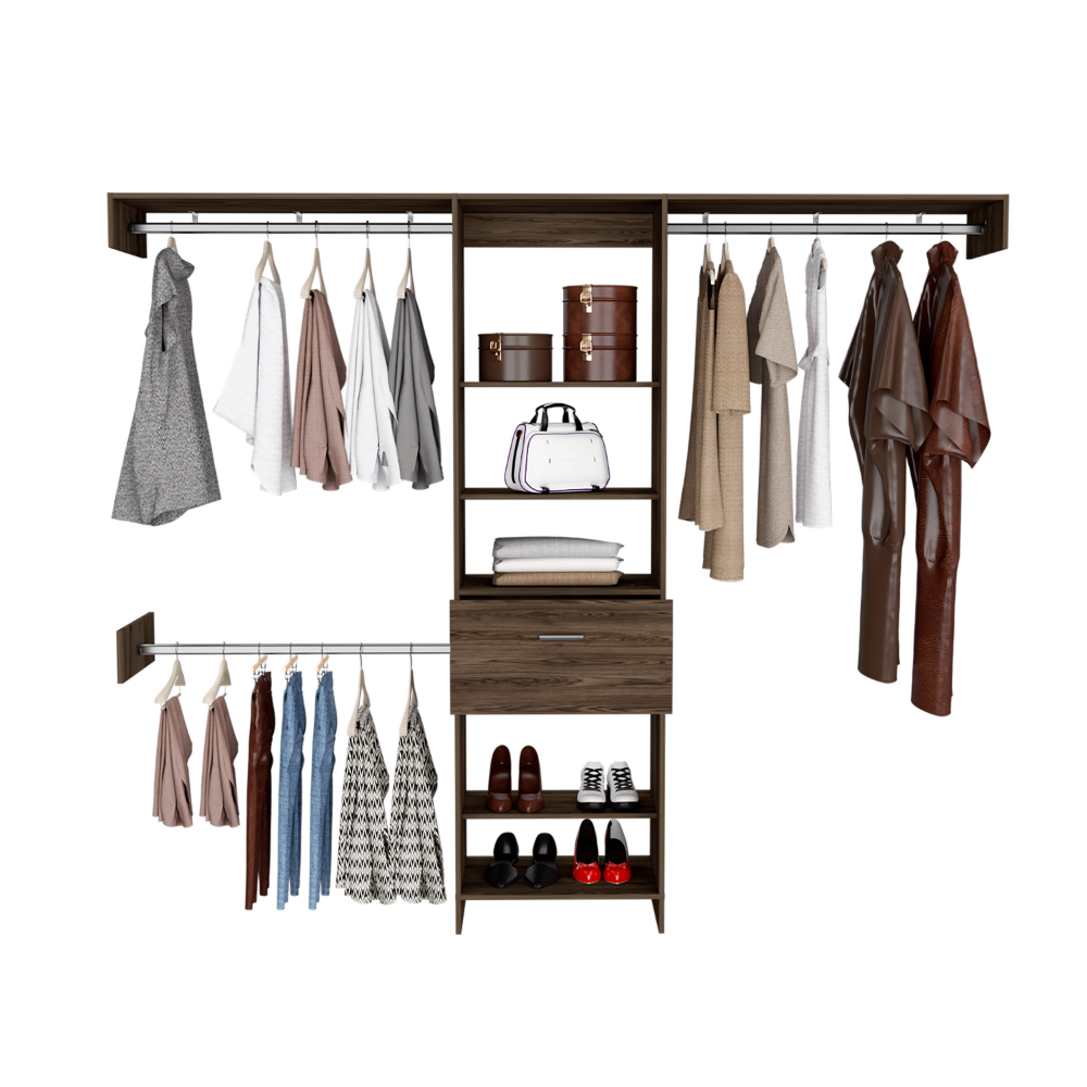 250 Closet System British, One Drawer, Three Metal Rods, Dark Walnut Finish