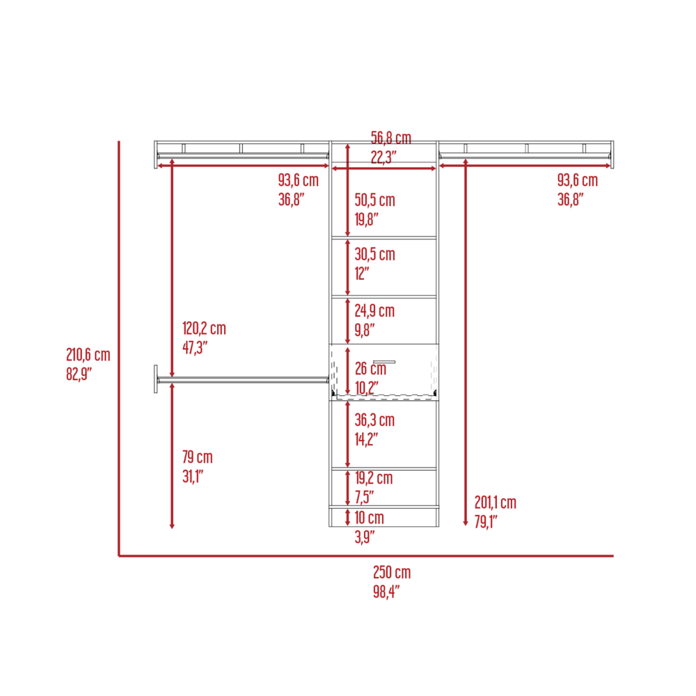 250 Closet System British, One Drawer, Three Metal Rods, Dark Walnut Finish