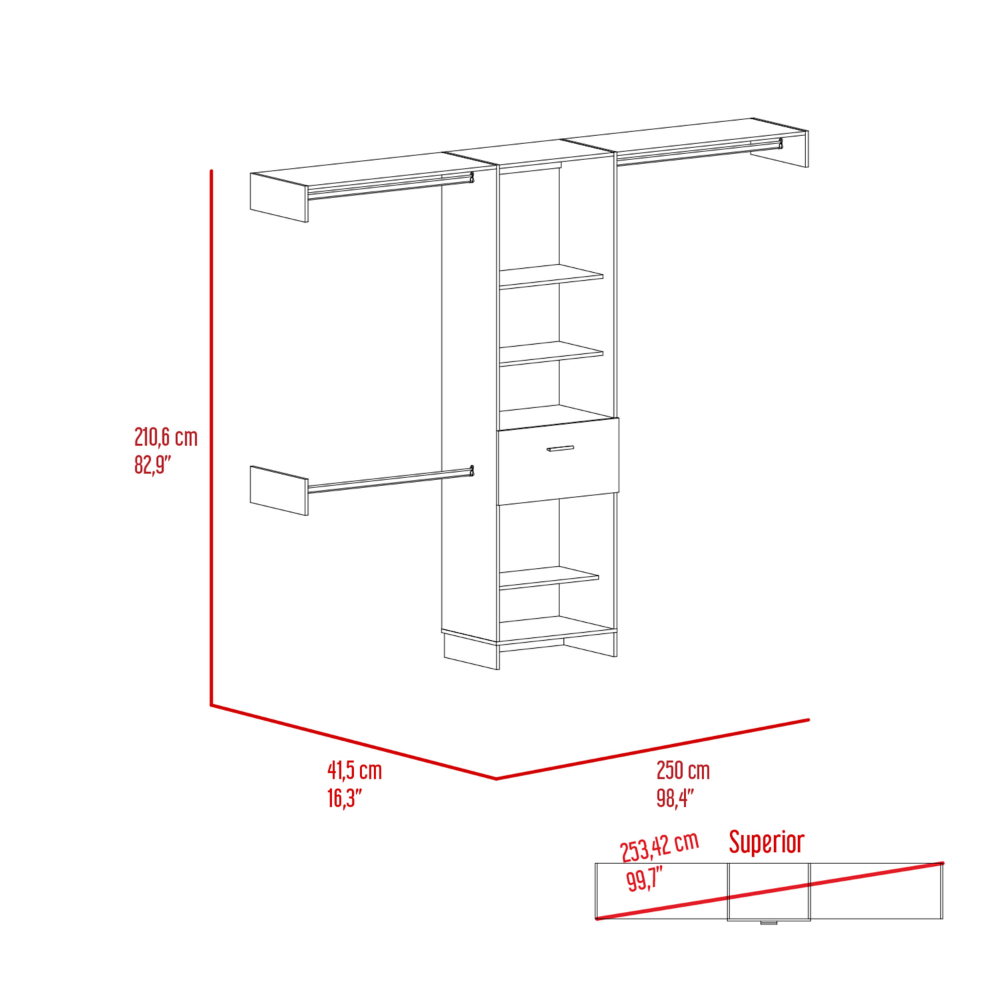 250 Closet System British, One Drawer, Three Metal Rods, Dark Walnut Finish