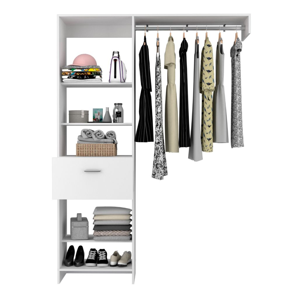 150 Closet System British, One Drawer, Three Metal Rods, White Finish