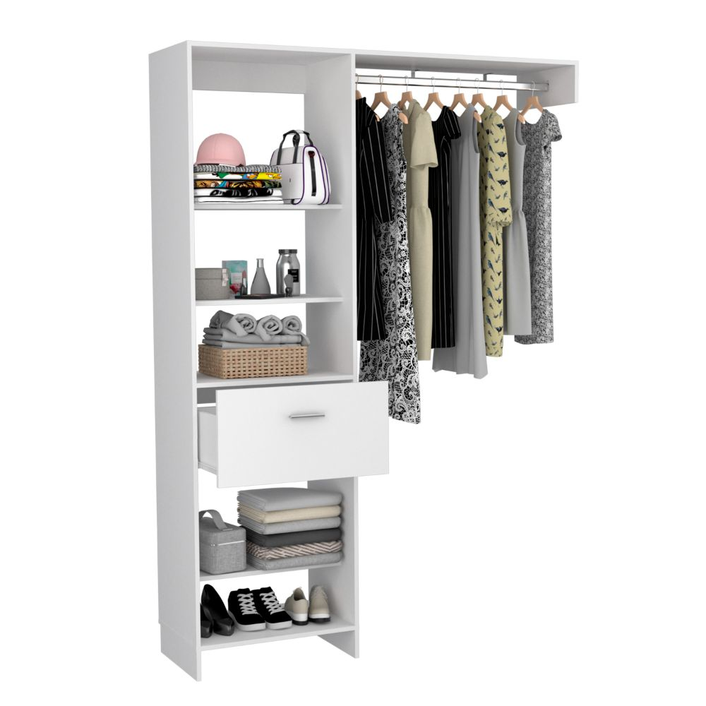 150 Closet System British, One Drawer, Three Metal Rods, White Finish