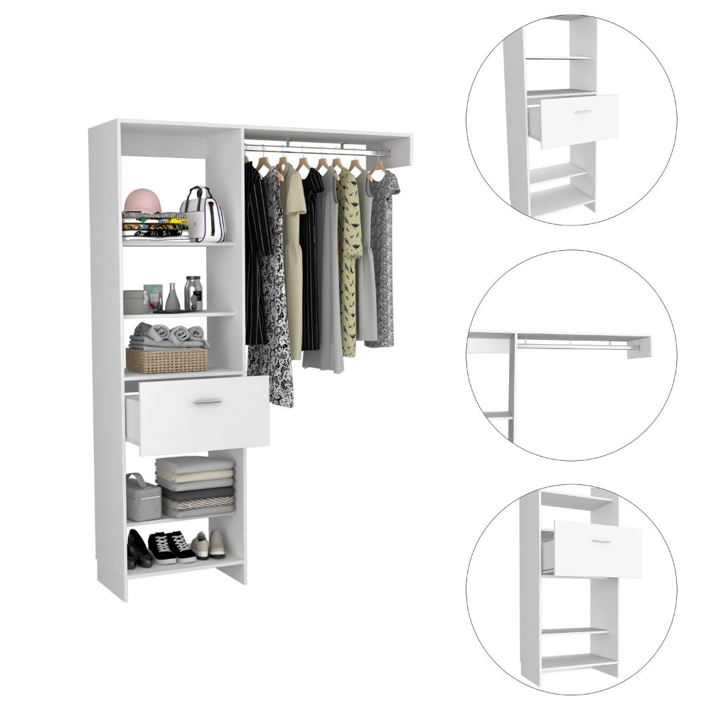 150 Closet System British, One Drawer, Three Metal Rods, White Finish