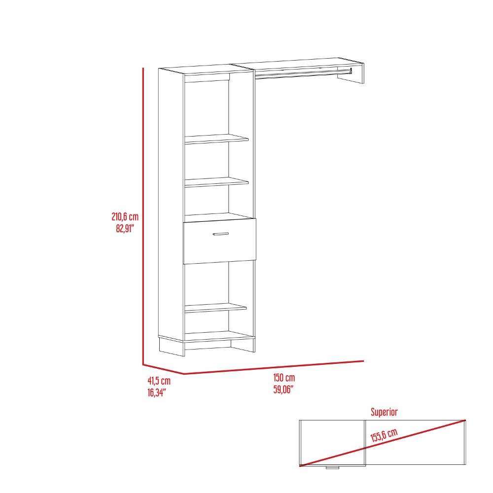 150 Closet System British, One Drawer, Three Metal Rods, White Finish