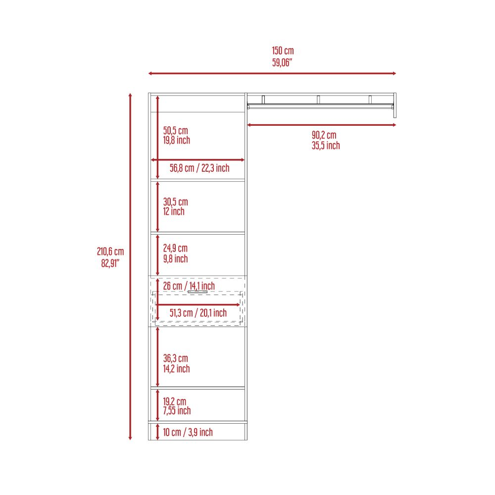 150 Closet System British, One Drawer, Three Metal Rods, White Finish