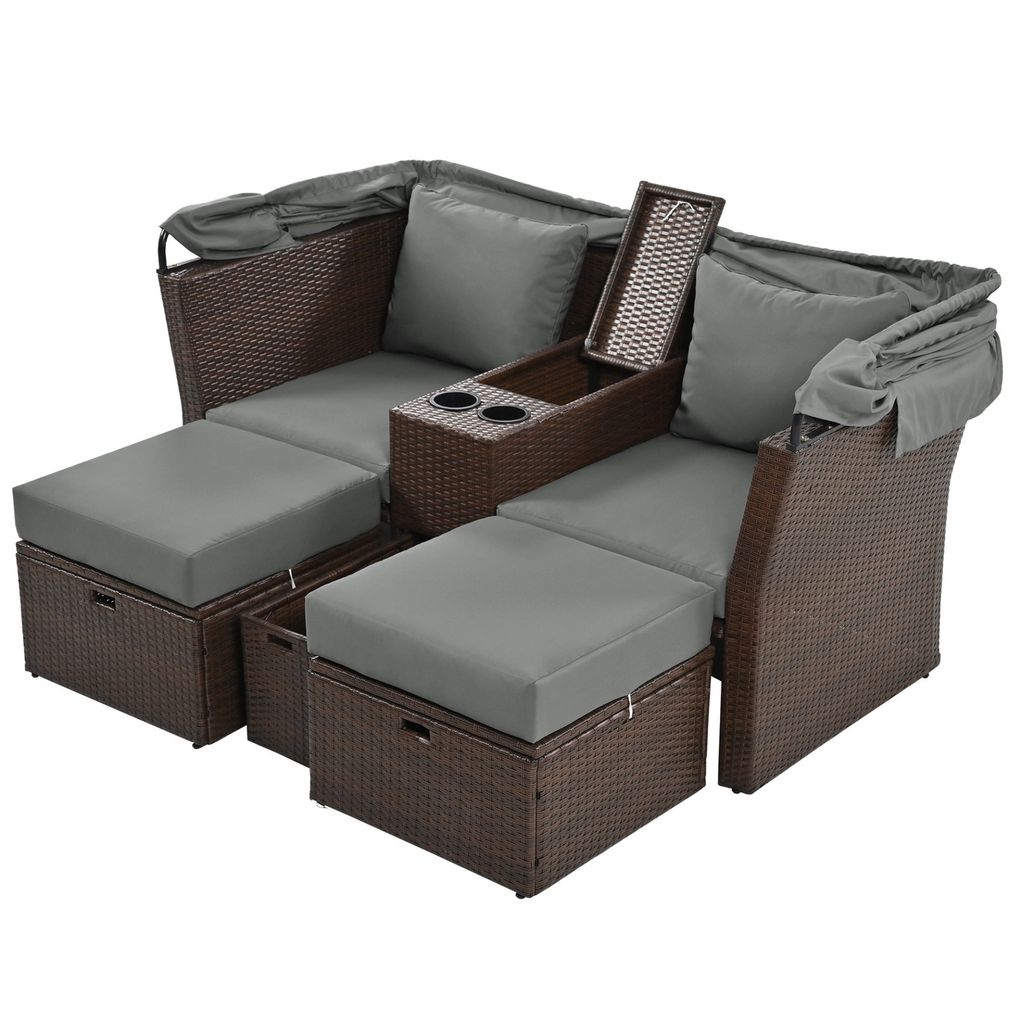 2-Seater Outdoor Patio Daybed Outdoor Double Daybed Outdoor Loveseat Sofa Set with Foldable Awning and Cushions for Garden, Balcony, Poolside, Grey