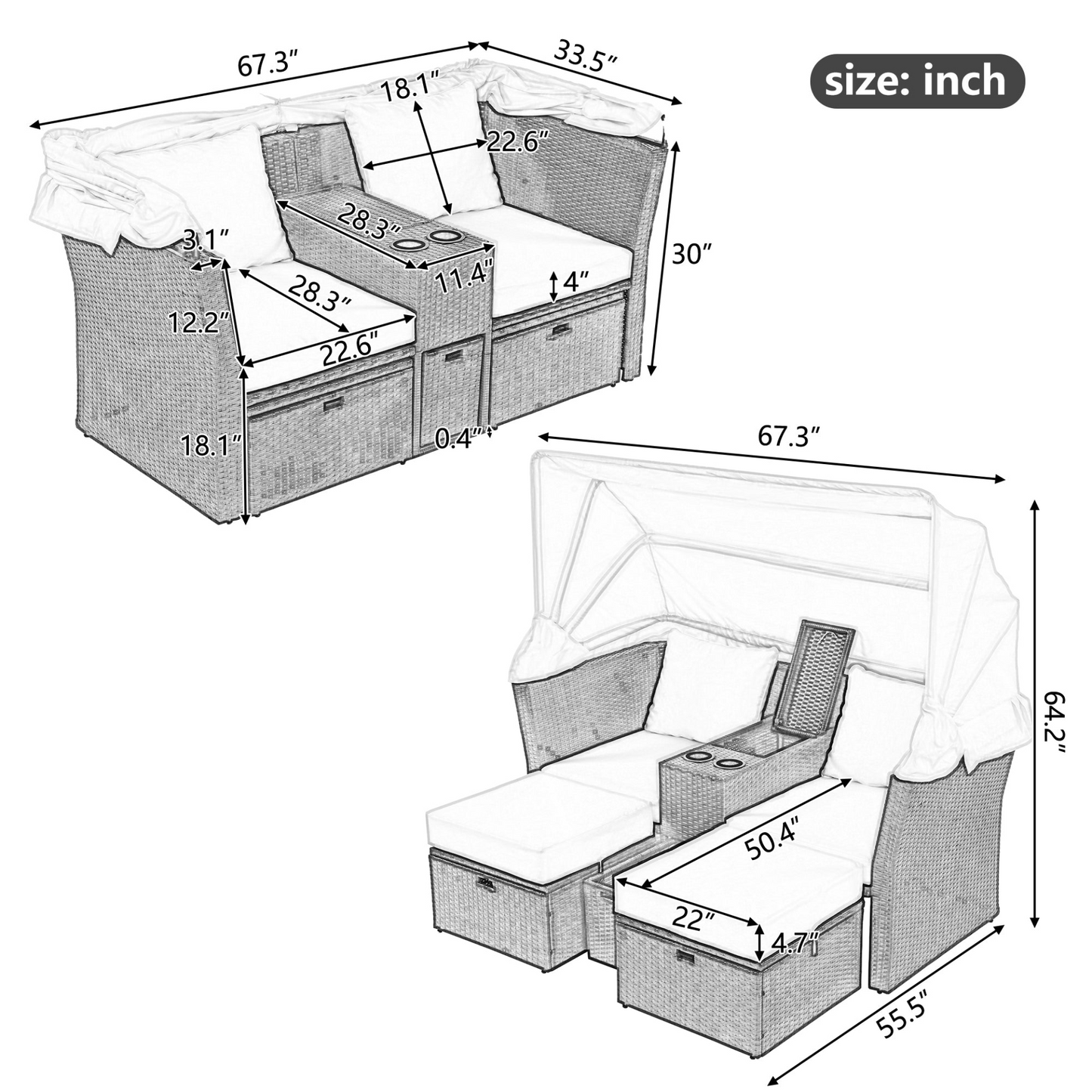 2-Seater Outdoor Patio Daybed Outdoor Double Daybed Outdoor Loveseat Sofa Set with Foldable Awning and Cushions for Garden, Balcony, Poolside, Beige