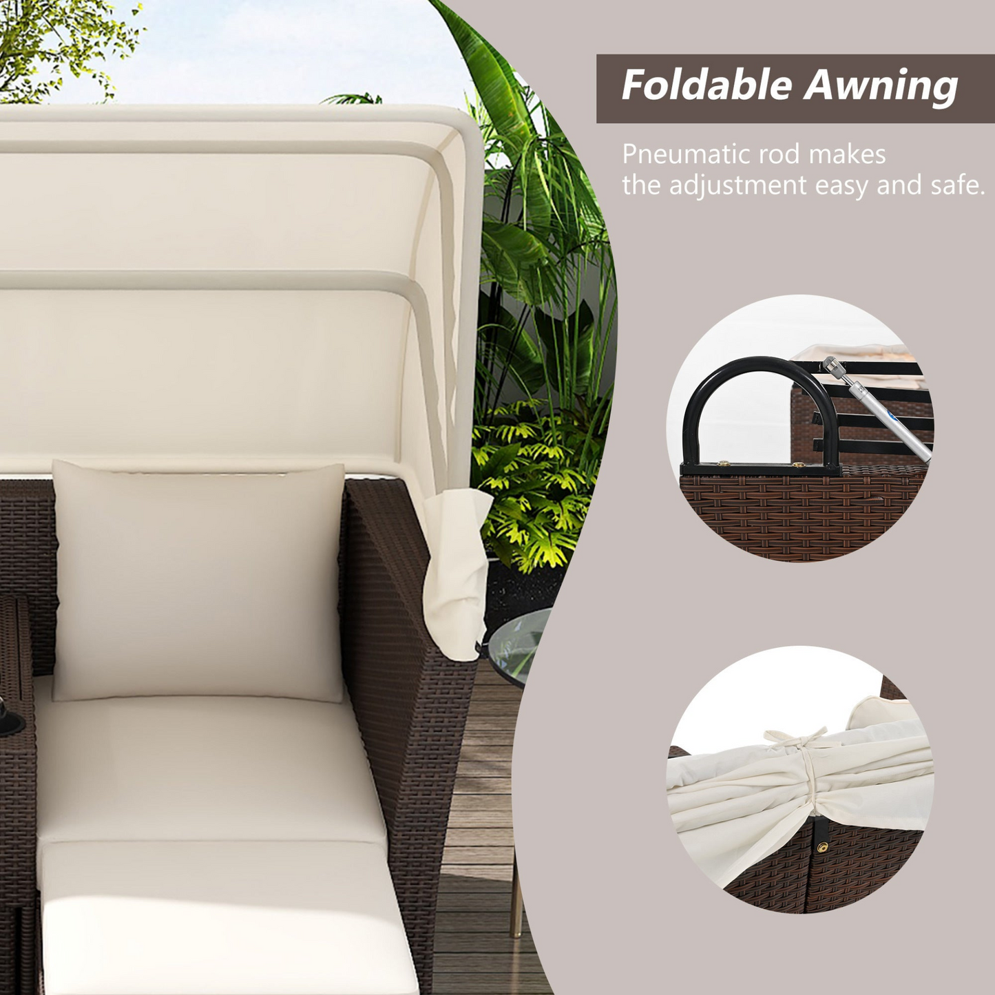 2-Seater Outdoor Patio Daybed Outdoor Double Daybed Outdoor Loveseat Sofa Set with Foldable Awning and Cushions for Garden, Balcony, Poolside, Beige