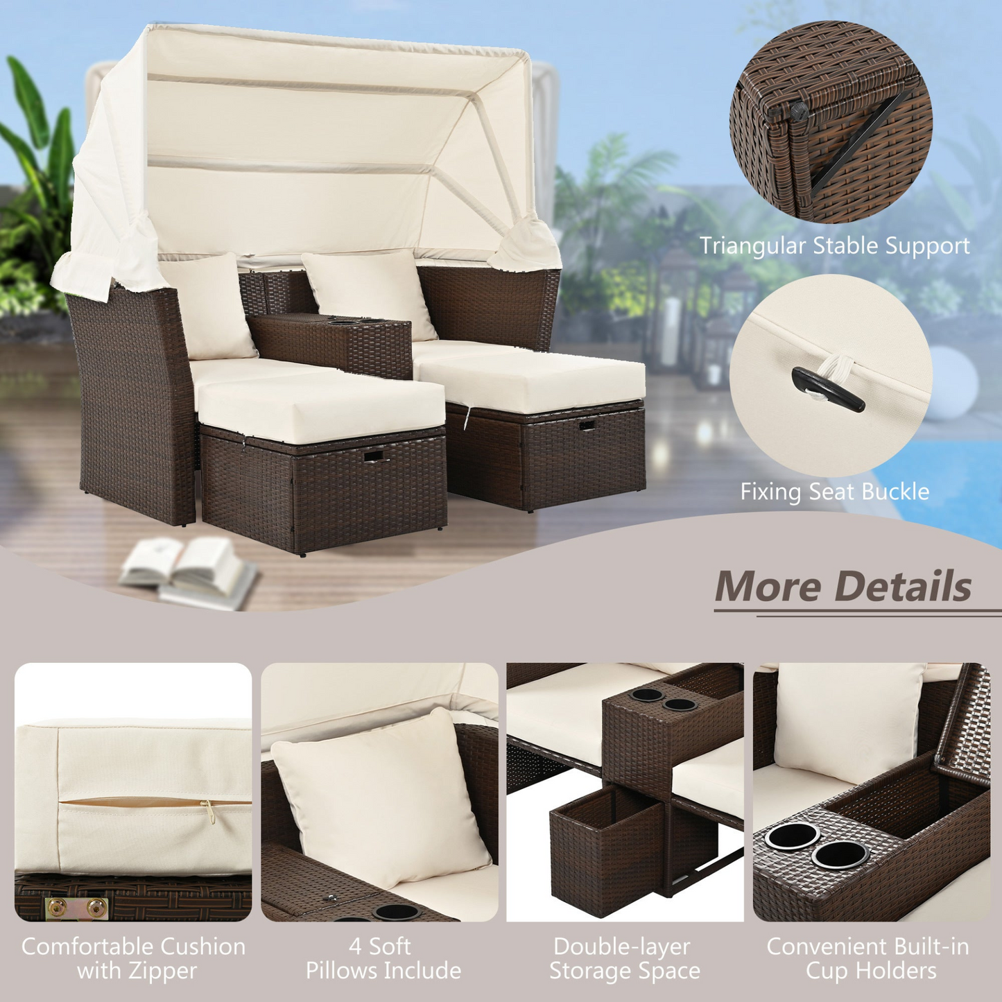 2-Seater Outdoor Patio Daybed Outdoor Double Daybed Outdoor Loveseat Sofa Set with Foldable Awning and Cushions for Garden, Balcony, Poolside, Beige