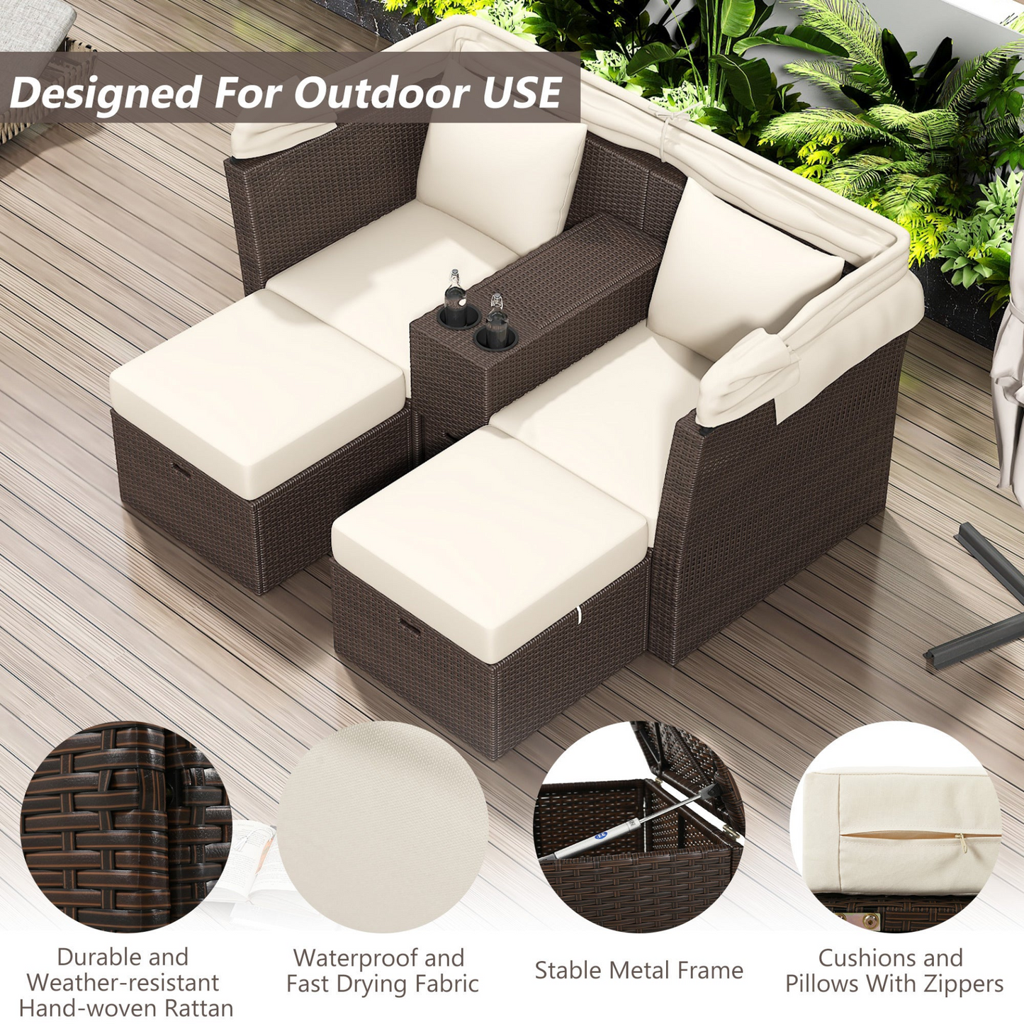 2-Seater Outdoor Patio Daybed Outdoor Double Daybed Outdoor Loveseat Sofa Set with Foldable Awning and Cushions for Garden, Balcony, Poolside, Beige