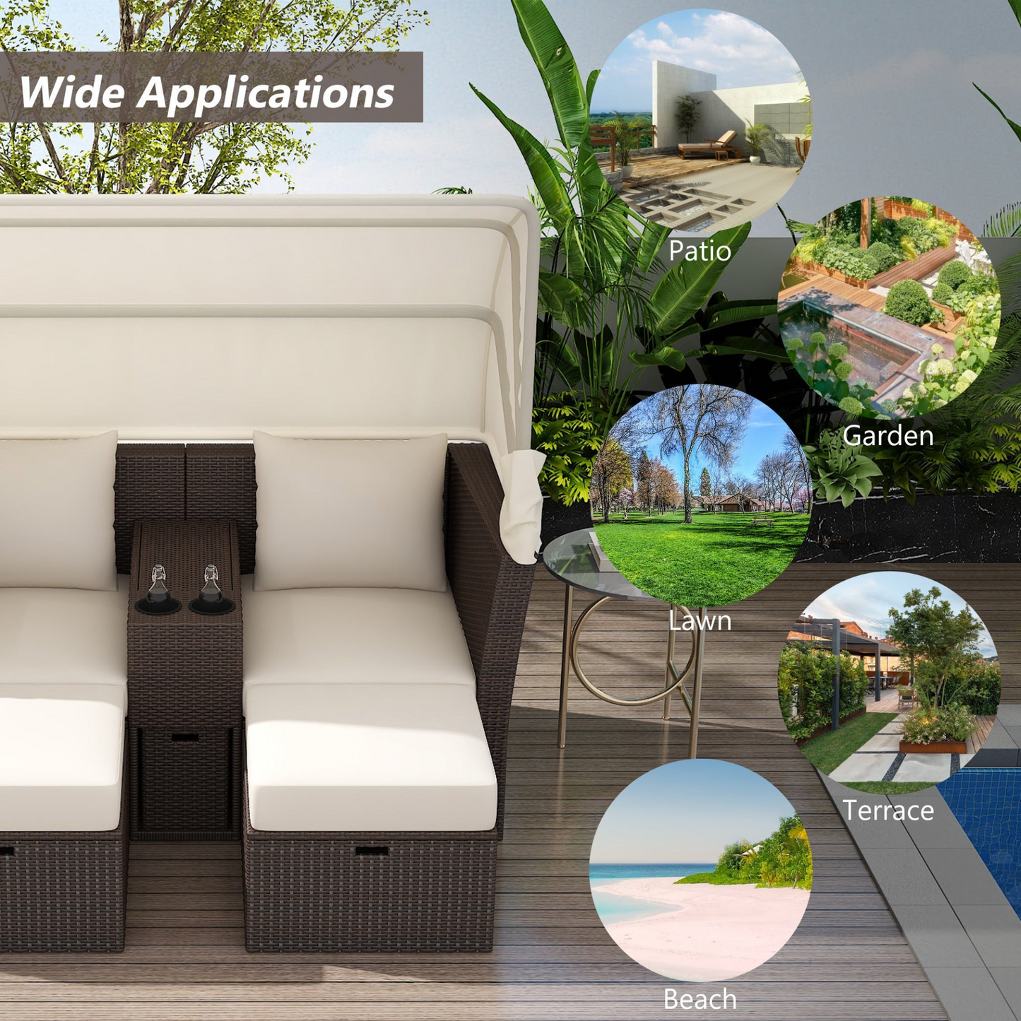 2-Seater Outdoor Patio Daybed Outdoor Double Daybed Outdoor Loveseat Sofa Set with Foldable Awning and Cushions for Garden, Balcony, Poolside, Beige