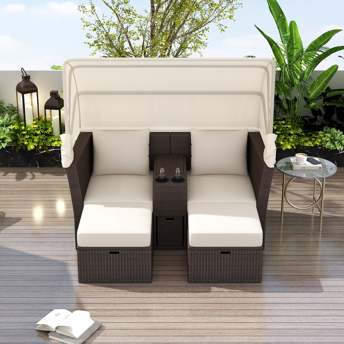 2-Seater Outdoor Patio Daybed Outdoor Double Daybed Outdoor Loveseat Sofa Set with Foldable Awning and Cushions for Garden, Balcony, Poolside, Beige