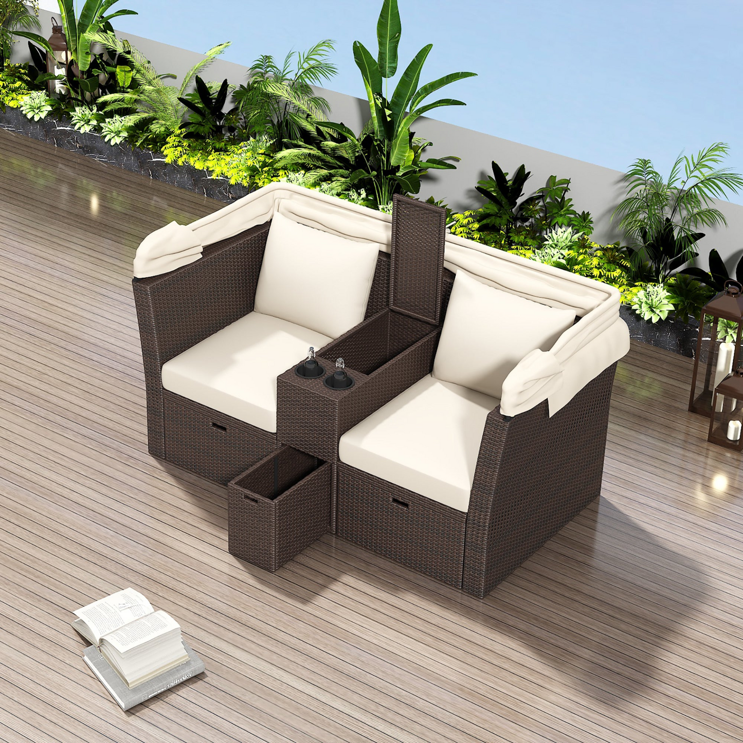 2-Seater Outdoor Patio Daybed Outdoor Double Daybed Outdoor Loveseat Sofa Set with Foldable Awning and Cushions for Garden, Balcony, Poolside, Beige