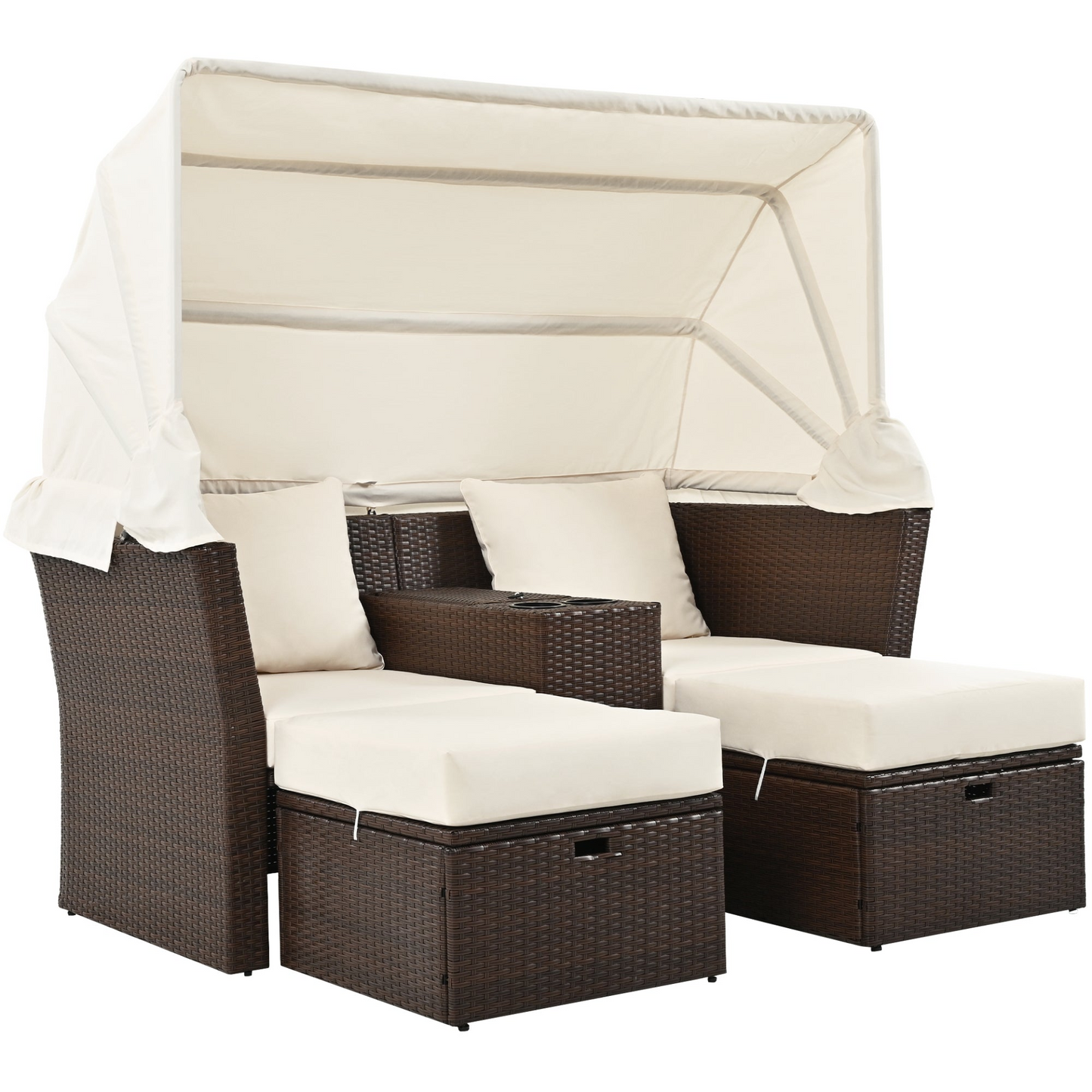 2-Seater Outdoor Patio Daybed Outdoor Double Daybed Outdoor Loveseat Sofa Set with Foldable Awning and Cushions for Garden, Balcony, Poolside, Beige