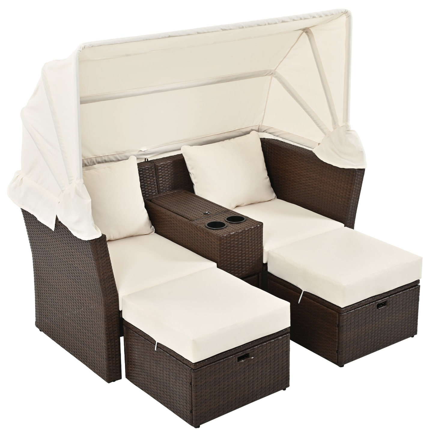 2-Seater Outdoor Patio Daybed Outdoor Double Daybed Outdoor Loveseat Sofa Set with Foldable Awning and Cushions for Garden, Balcony, Poolside, Beige