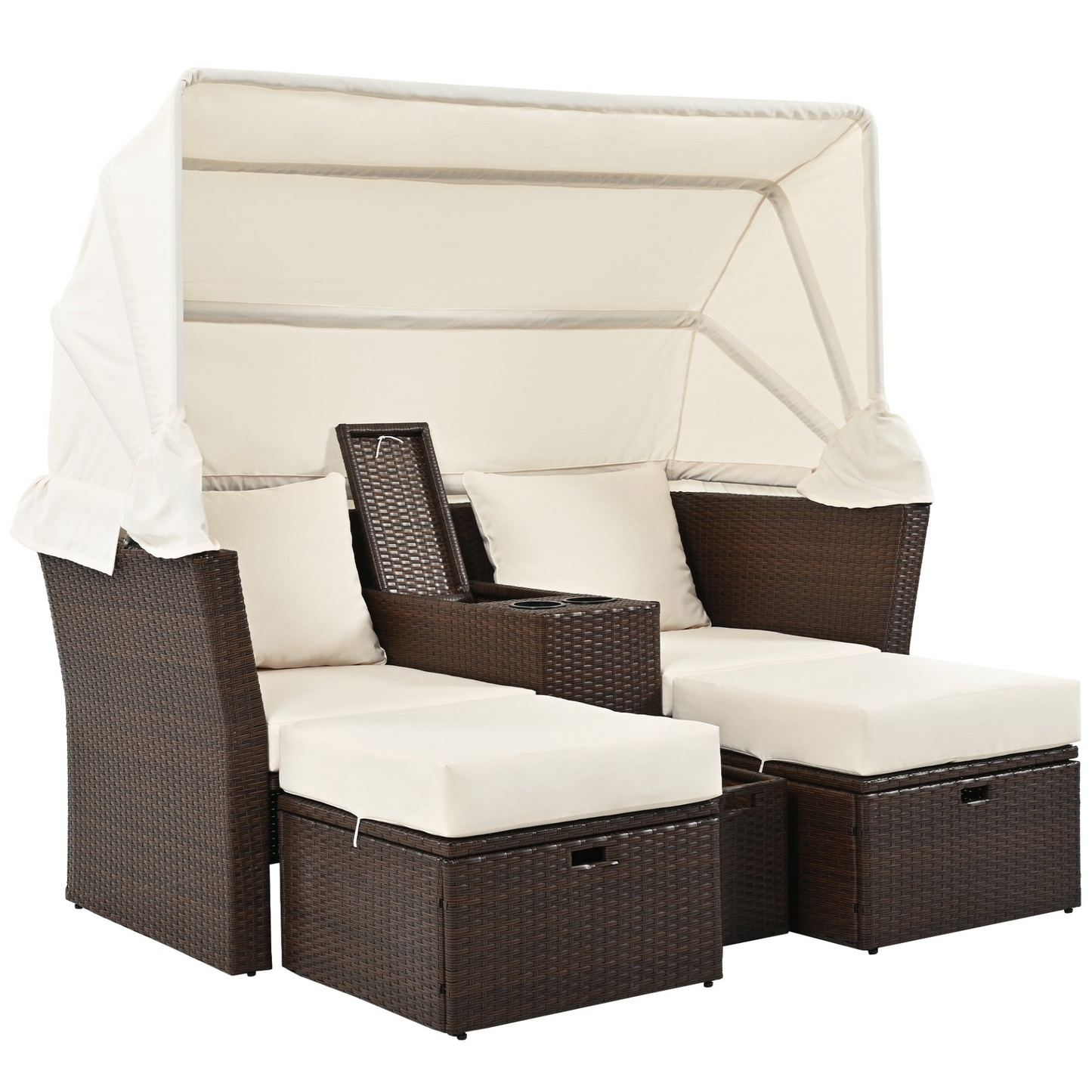 2-Seater Outdoor Patio Daybed Outdoor Double Daybed Outdoor Loveseat Sofa Set with Foldable Awning and Cushions for Garden, Balcony, Poolside, Beige