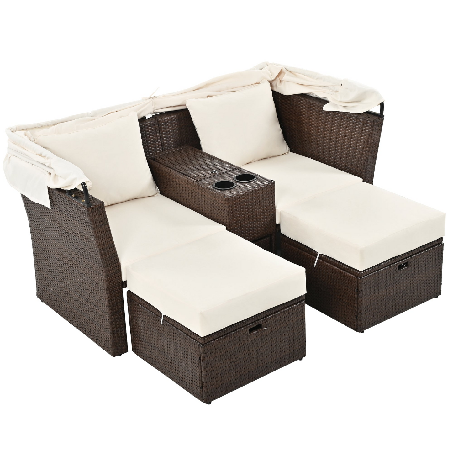 2-Seater Outdoor Patio Daybed Outdoor Double Daybed Outdoor Loveseat Sofa Set with Foldable Awning and Cushions for Garden, Balcony, Poolside, Beige