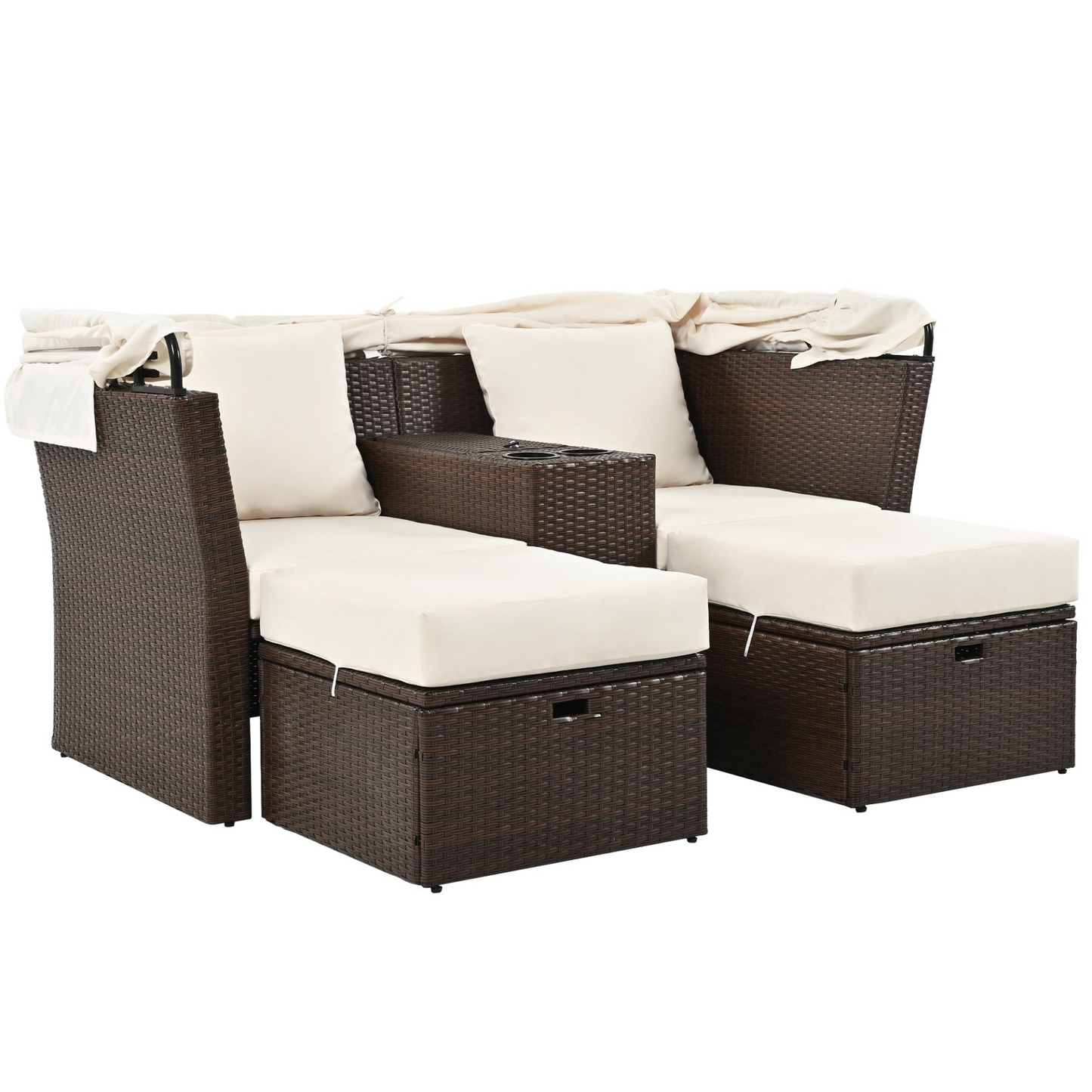 2-Seater Outdoor Patio Daybed Outdoor Double Daybed Outdoor Loveseat Sofa Set with Foldable Awning and Cushions for Garden, Balcony, Poolside, Beige