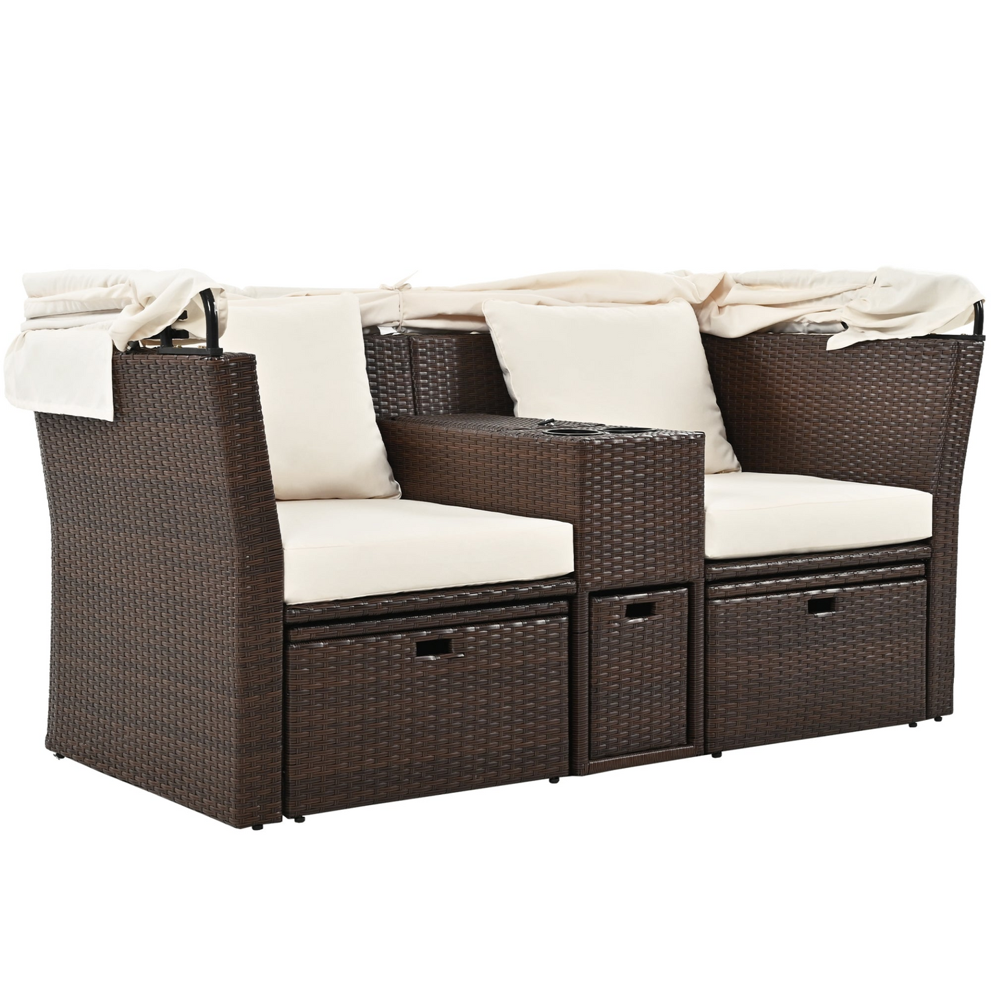 2-Seater Outdoor Patio Daybed Outdoor Double Daybed Outdoor Loveseat Sofa Set with Foldable Awning and Cushions for Garden, Balcony, Poolside, Beige