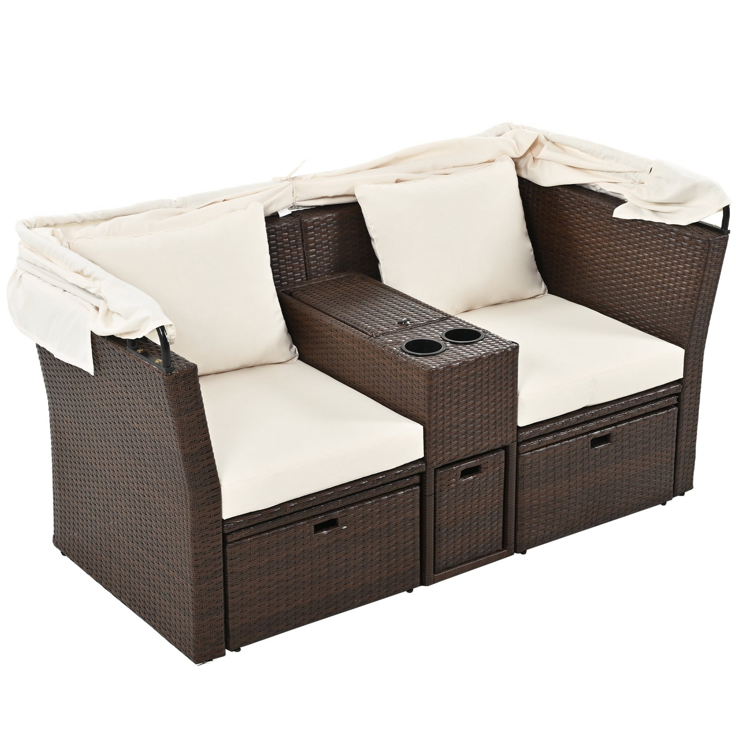 2-Seater Outdoor Patio Daybed Outdoor Double Daybed Outdoor Loveseat Sofa Set with Foldable Awning and Cushions for Garden, Balcony, Poolside, Beige