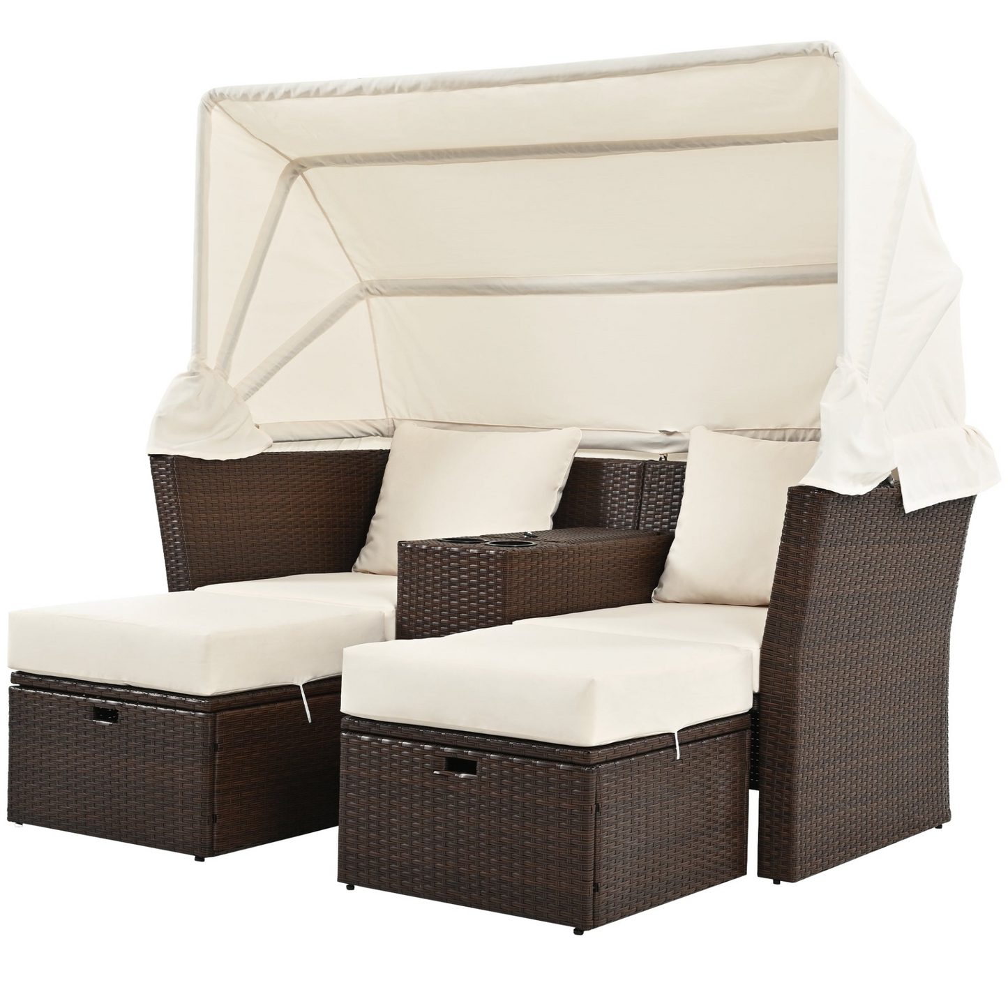 2-Seater Outdoor Patio Daybed Outdoor Double Daybed Outdoor Loveseat Sofa Set with Foldable Awning and Cushions for Garden, Balcony, Poolside, Beige