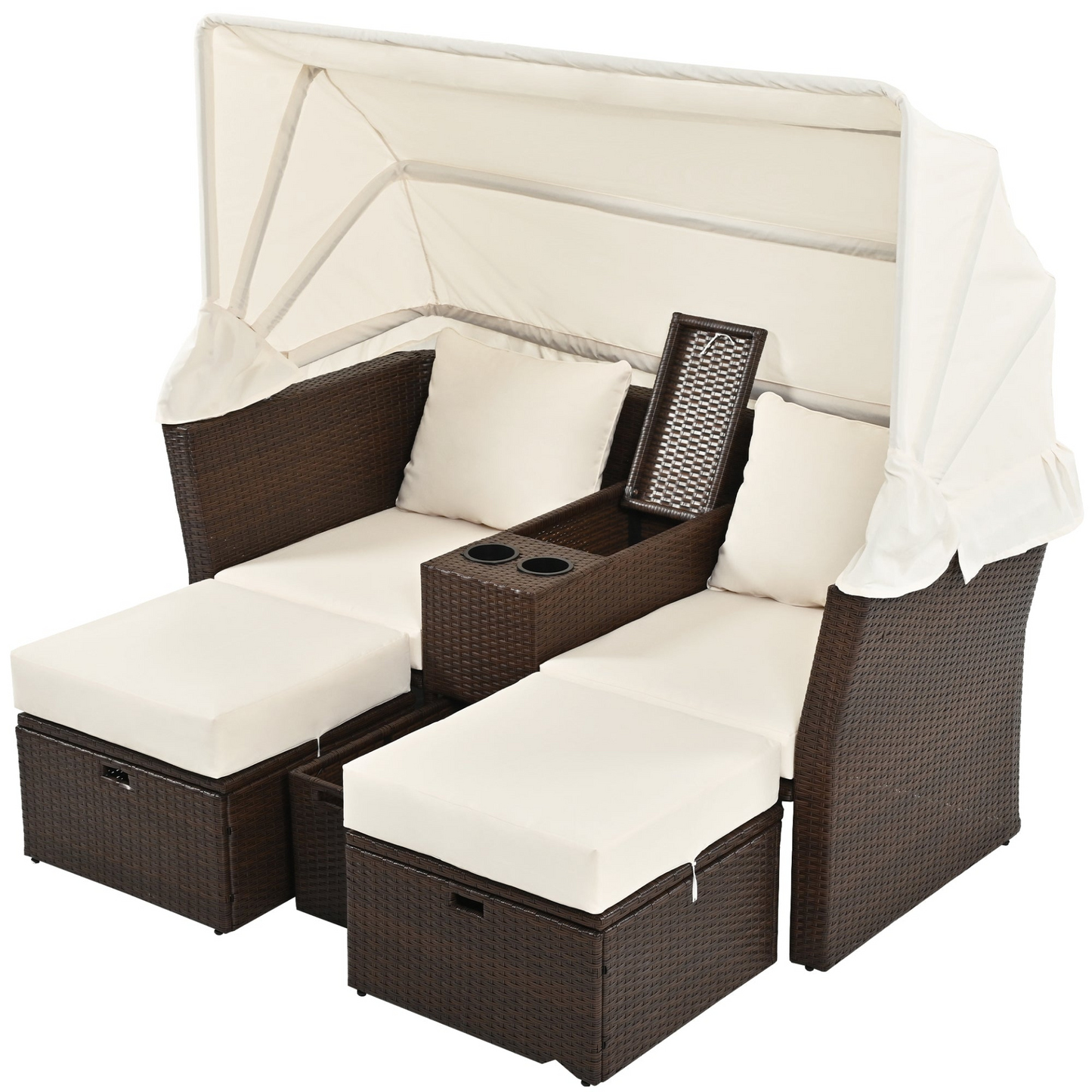 2-Seater Outdoor Patio Daybed Outdoor Double Daybed Outdoor Loveseat Sofa Set with Foldable Awning and Cushions for Garden, Balcony, Poolside, Beige