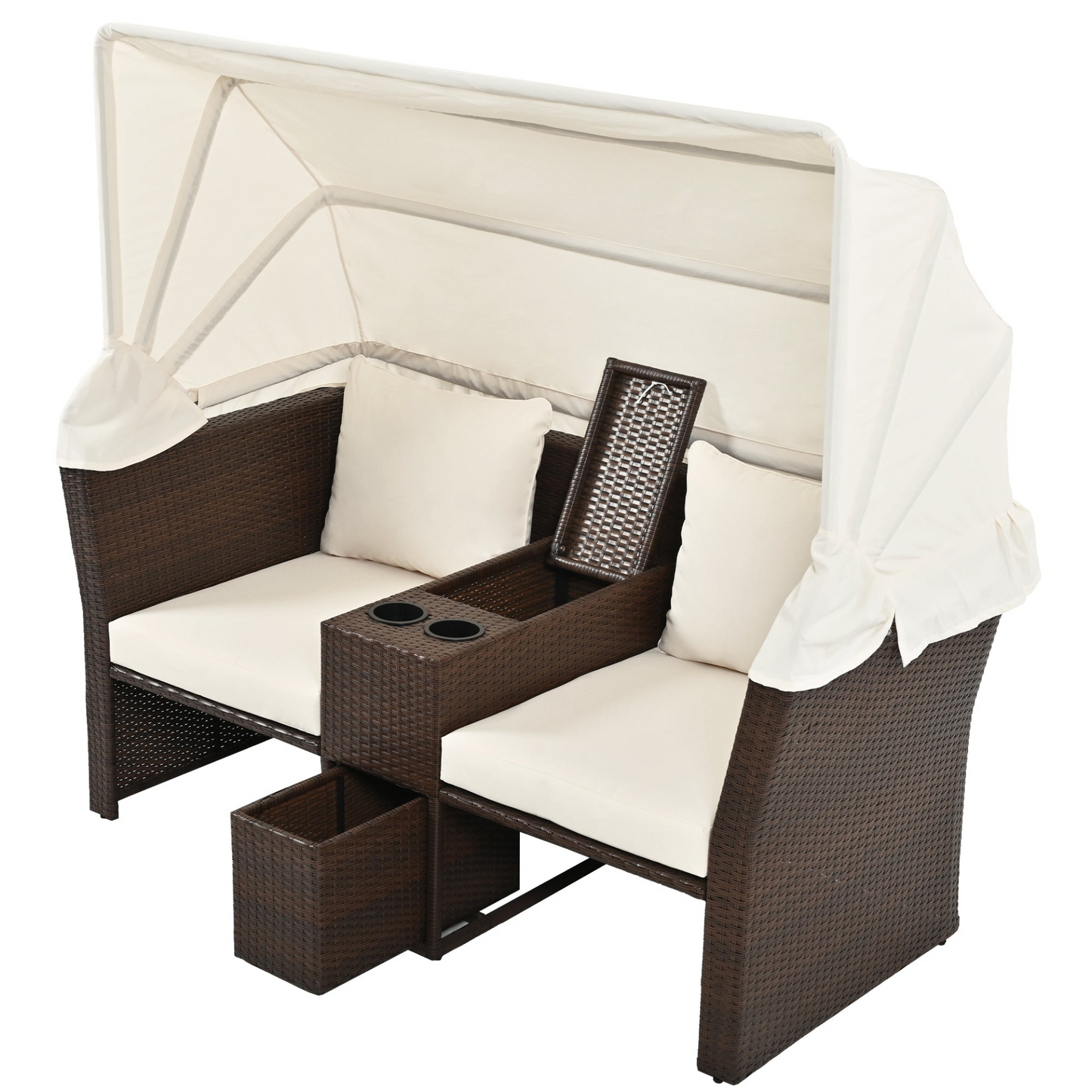 2-Seater Outdoor Patio Daybed Outdoor Double Daybed Outdoor Loveseat Sofa Set with Foldable Awning and Cushions for Garden, Balcony, Poolside, Beige