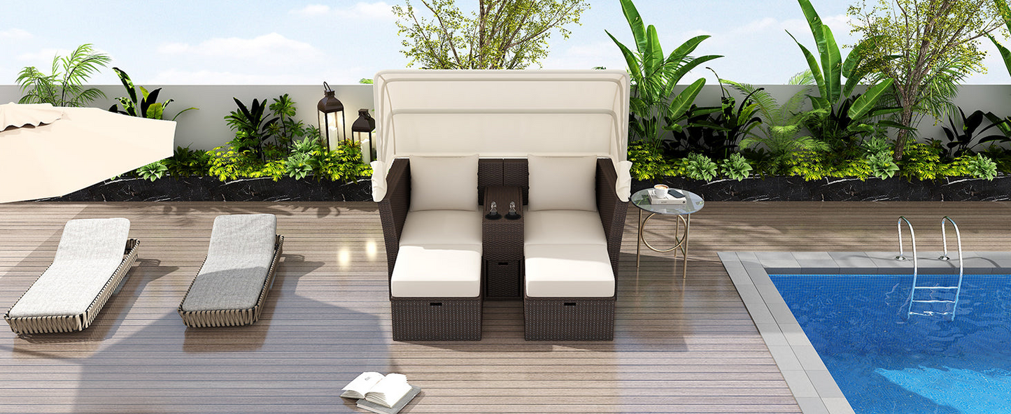 2-Seater Outdoor Patio Daybed Outdoor Double Daybed Outdoor Loveseat Sofa Set with Foldable Awning and Cushions for Garden, Balcony, Poolside, Beige