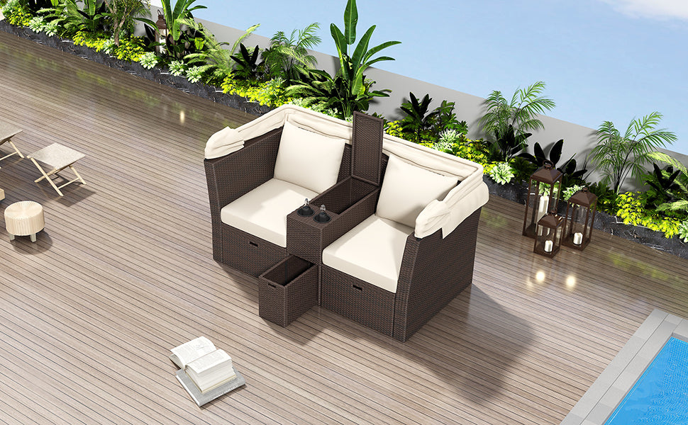 2-Seater Outdoor Patio Daybed Outdoor Double Daybed Outdoor Loveseat Sofa Set with Foldable Awning and Cushions for Garden, Balcony, Poolside, Beige