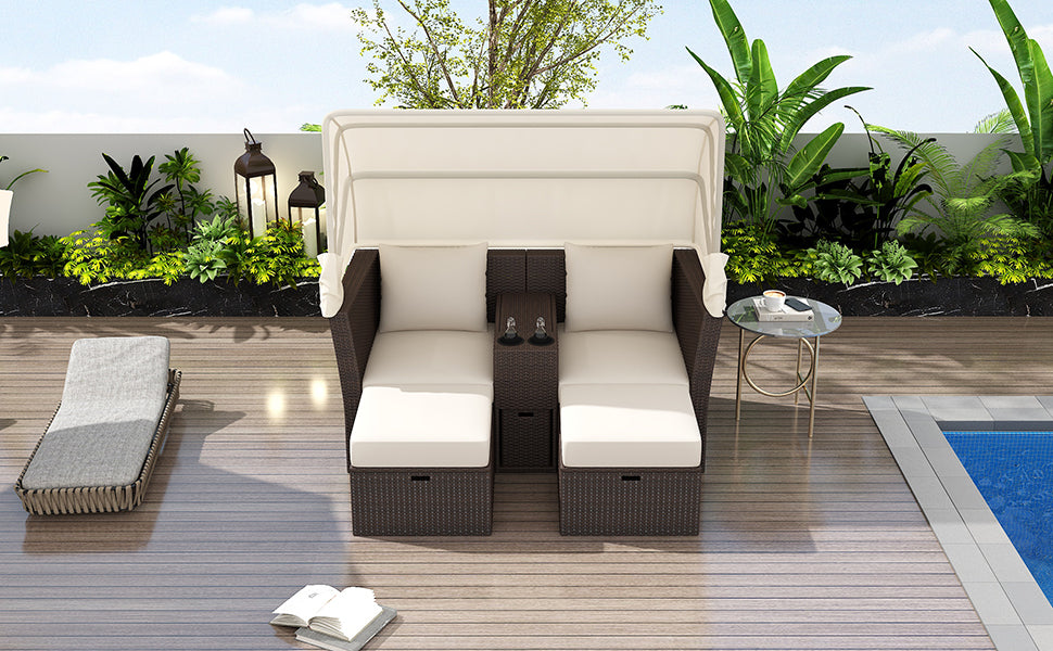 2-Seater Outdoor Patio Daybed Outdoor Double Daybed Outdoor Loveseat Sofa Set with Foldable Awning and Cushions for Garden, Balcony, Poolside, Beige