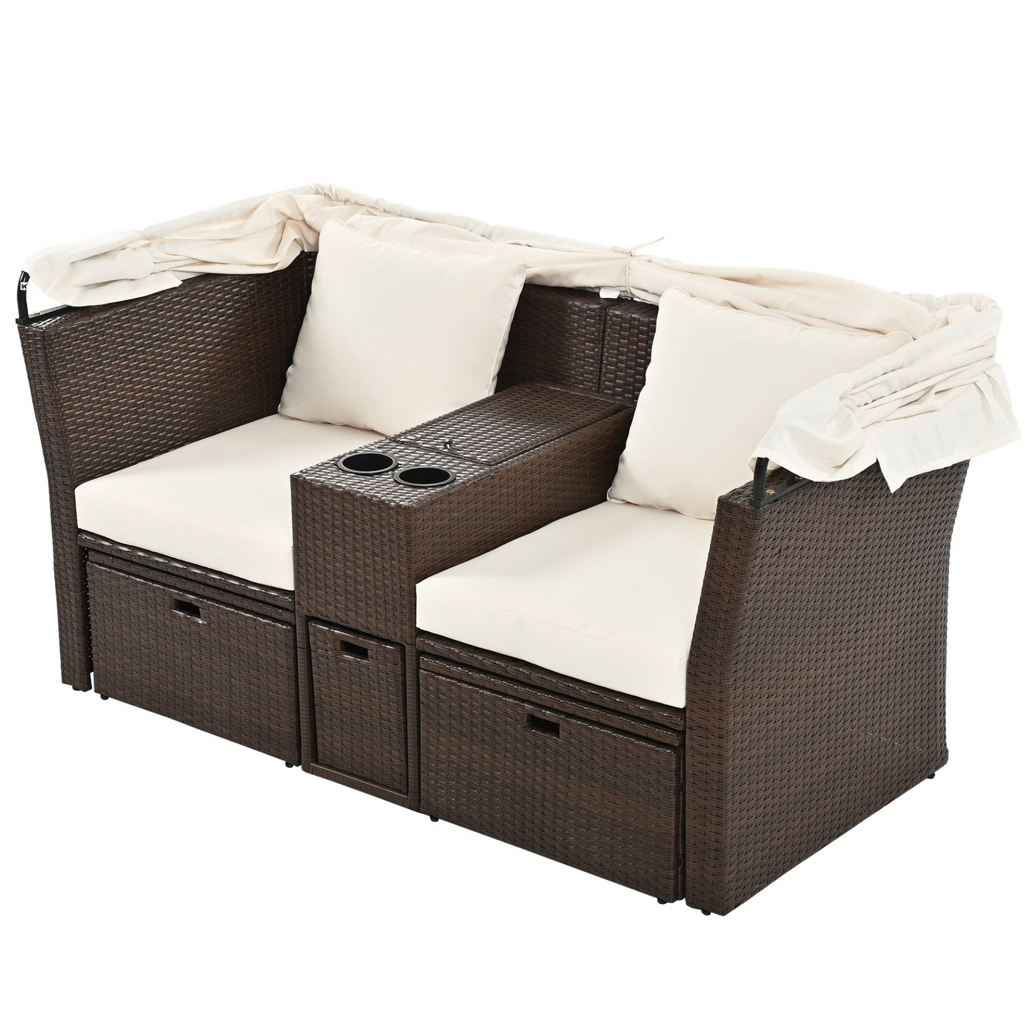 2-Seater Outdoor Patio Daybed Outdoor Double Daybed Outdoor Loveseat Sofa Set with Foldable Awning and Cushions for Garden, Balcony, Poolside, Beige