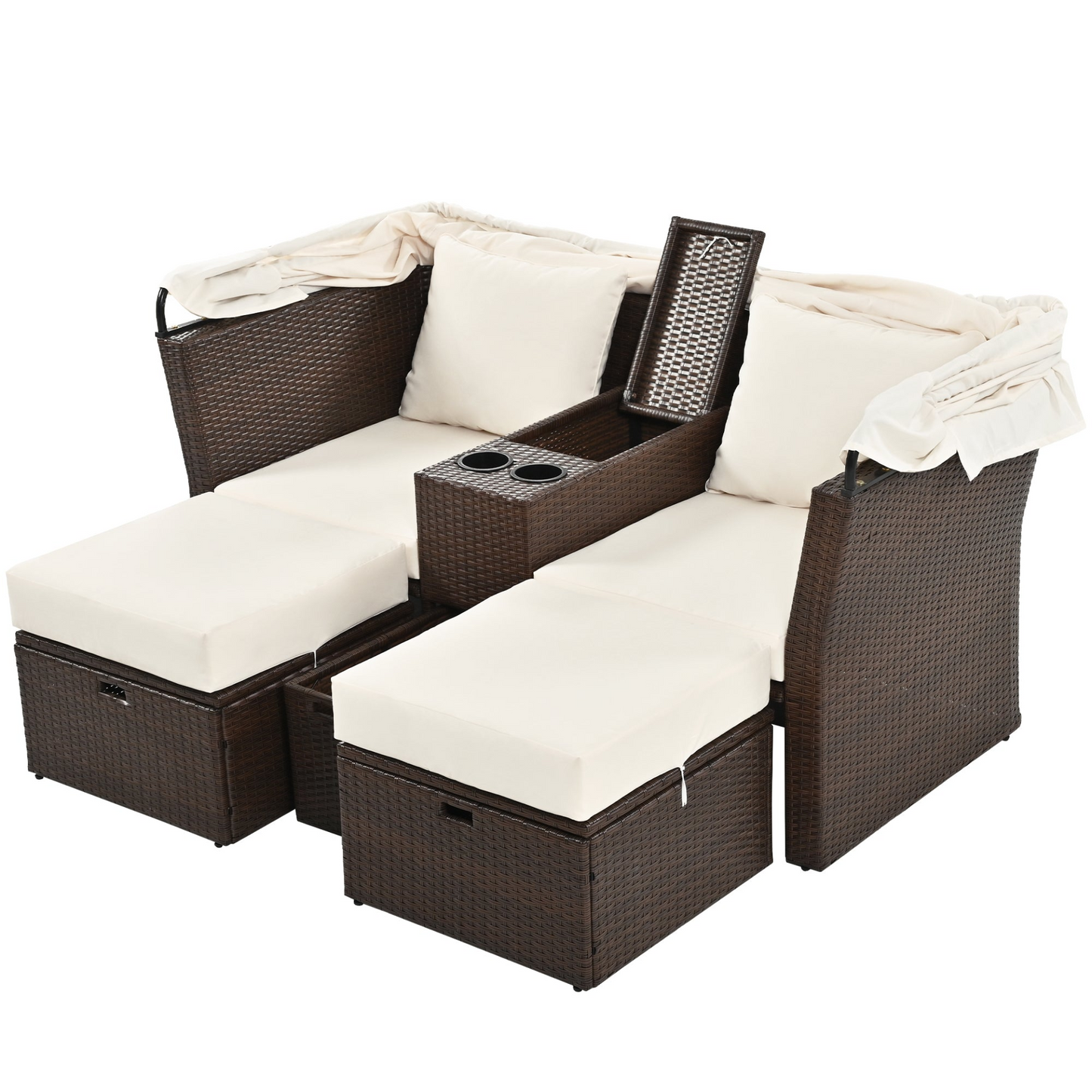 2-Seater Outdoor Patio Daybed Outdoor Double Daybed Outdoor Loveseat Sofa Set with Foldable Awning and Cushions for Garden, Balcony, Poolside, Beige