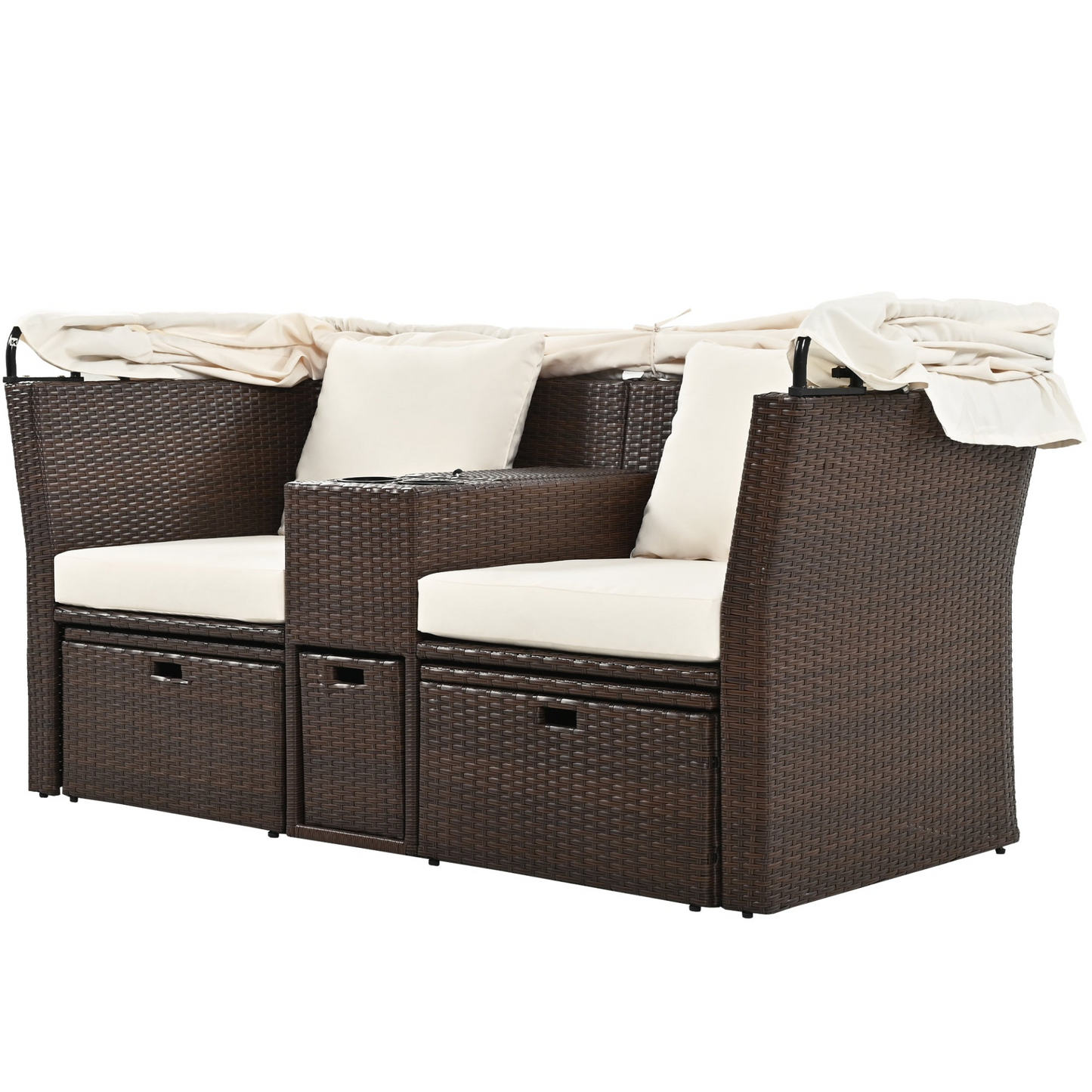 2-Seater Outdoor Patio Daybed Outdoor Double Daybed Outdoor Loveseat Sofa Set with Foldable Awning and Cushions for Garden, Balcony, Poolside, Beige