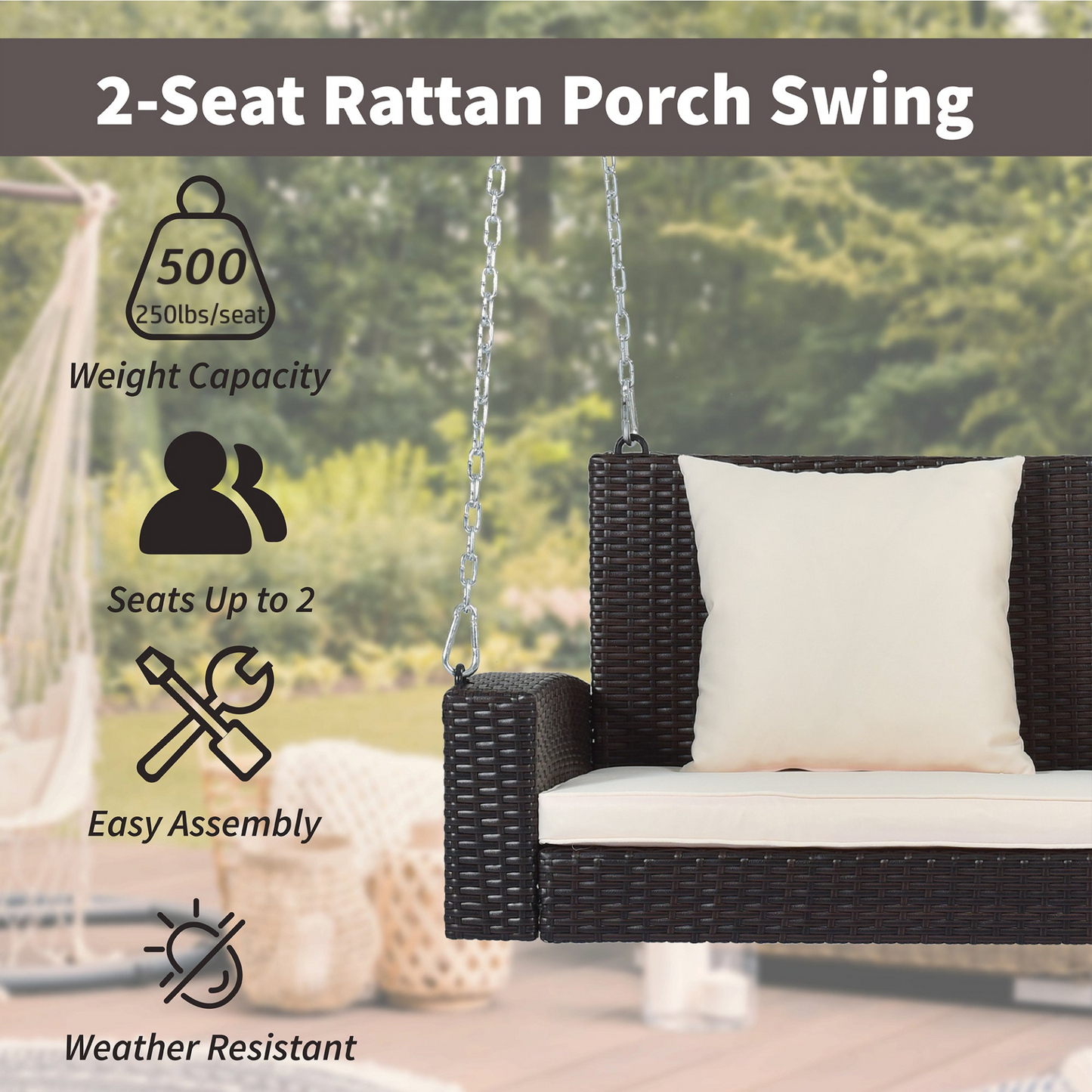 2-Person Wicker Hanging Porch Swing with Chains, Cushion, Pillow, Rattan Swing Bench for Garden, Backyard, Pond. (Brown Wicker, Beige Cushion)