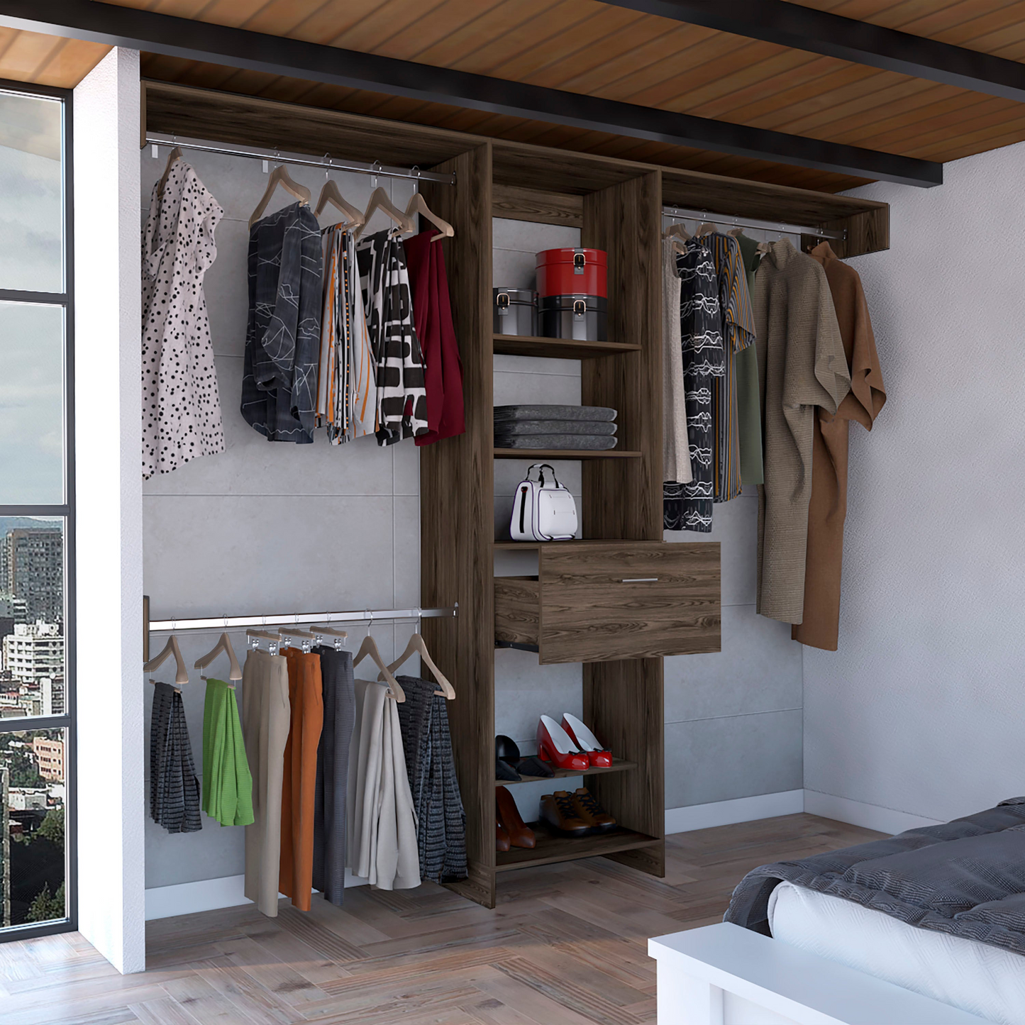 250 Closet System British, One Drawer, Three Metal Rods, Dark Walnut Finish