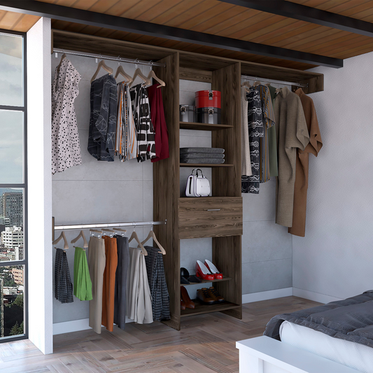 250 Closet System British, One Drawer, Three Metal Rods, Dark Walnut Finish