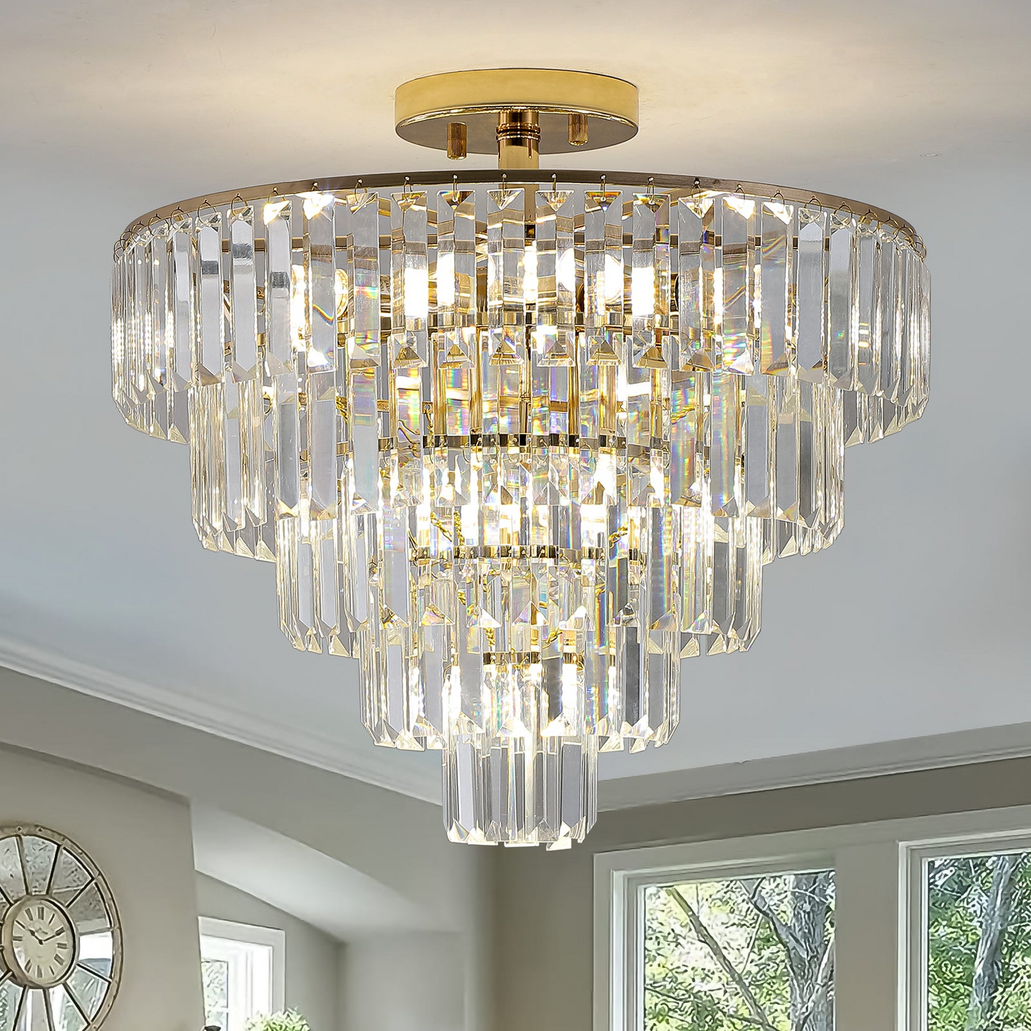 (Same as W1340102252/L5001) Gold Crystal Chandeliers,5-Tier Round Semi Flush Mount Chandelier Light Fixture,Large Contemporary Luxury Ceiling Lighting for Living Room Dining Room Bedroom Hallway