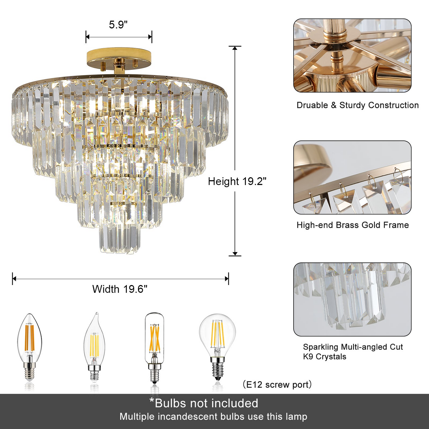 (Same as W1340102252/L5001) Gold Crystal Chandeliers,5-Tier Round Semi Flush Mount Chandelier Light Fixture,Large Contemporary Luxury Ceiling Lighting for Living Room Dining Room Bedroom Hallway