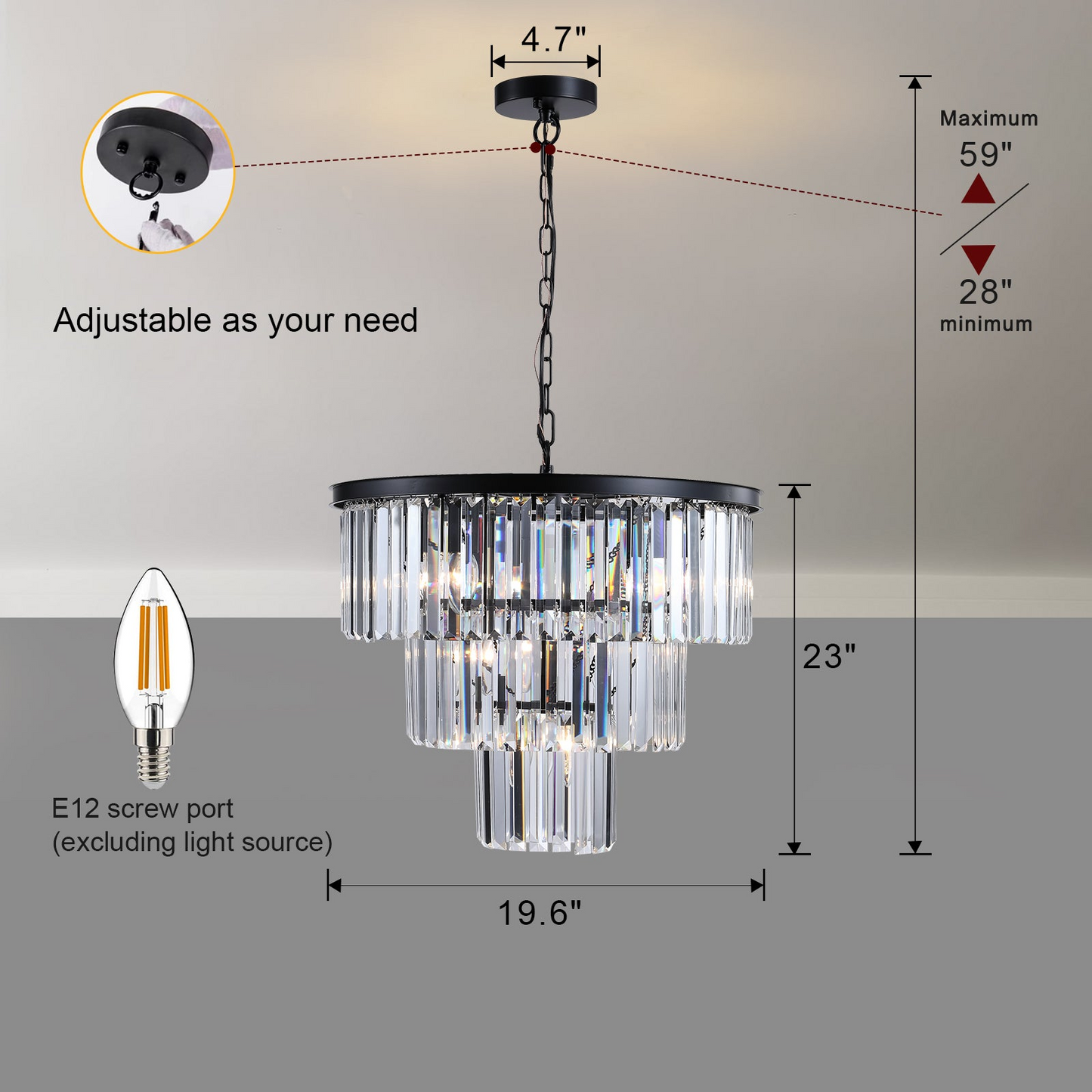 (Same as W1340102277/L5007) Black Luxury Crystal Chandelier Modern Chandeliers Lights Fixture Hanging Pendant Light Fixture for Dining Room Bedroom Living Room Dia 19.7 Inch-Black